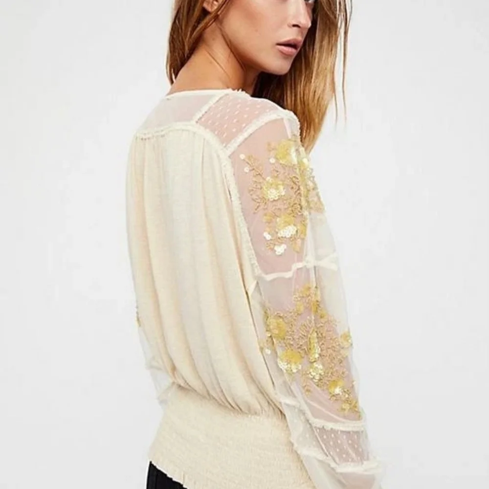 Free People Cream Blouse with Gold Embroidery